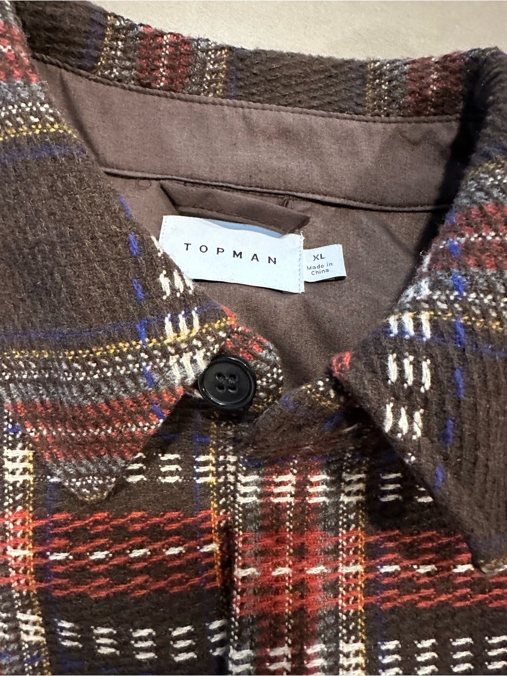 Topman Brown Plaid Button-Down Shirt Jacket with Rust and Cream Accents - Picture 3 of 5